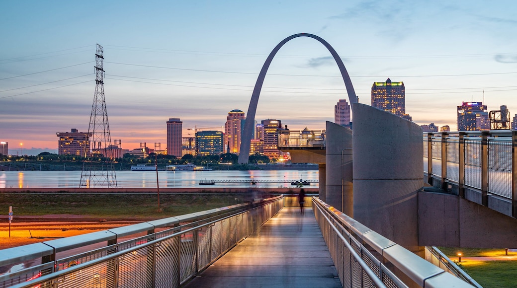 Gateway Arch which includes a monument, a sunset and a city