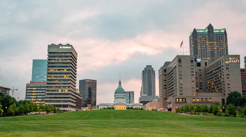 Gateway Arch featuring a garden, a sunset and a city