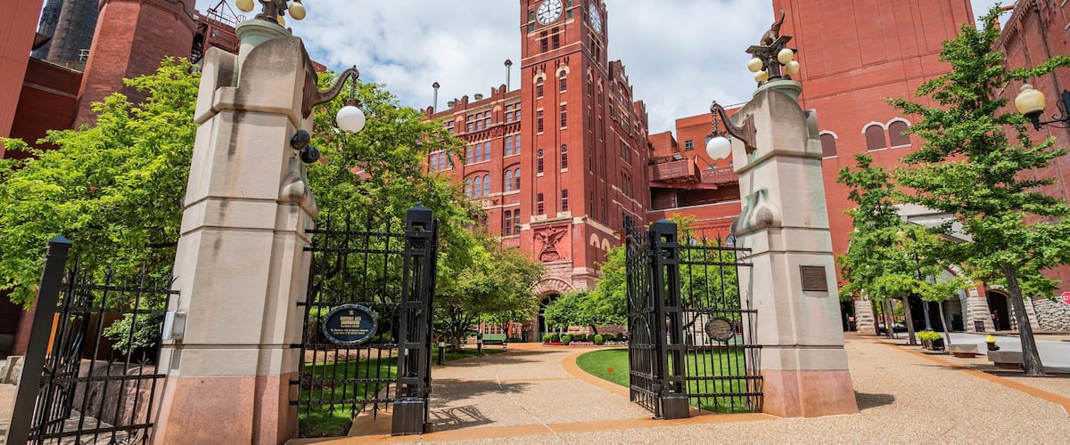 Anheuser-Busch Brewery featuring heritage architecture and a garden