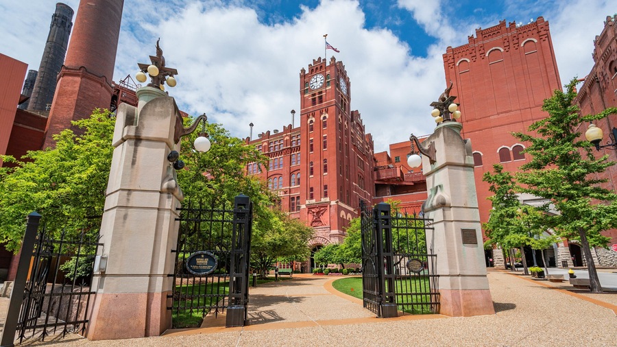 Anheuser-Busch Brewery featuring heritage architecture and a garden