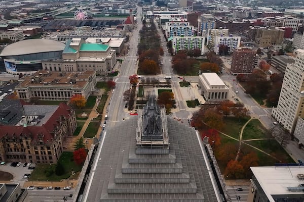 Aerial view of vibrant downtown St. Louis with Enterprise Center and St. Louis Wheel, St. Louis, Missouri, United States.