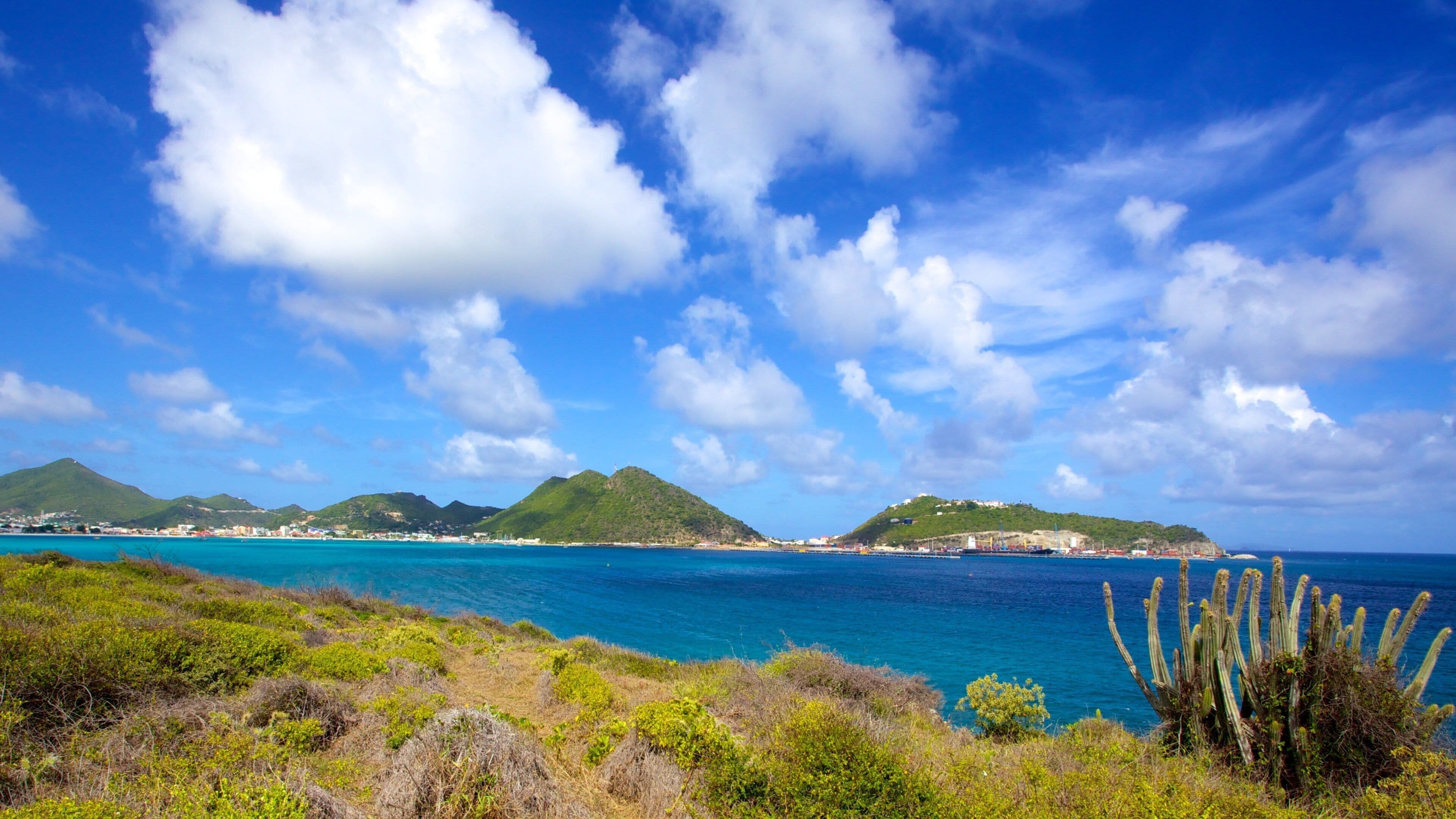 Fort Amsterdam johon kuuluu vuoret, yleiset rantanäkymät ja lahti tai satama