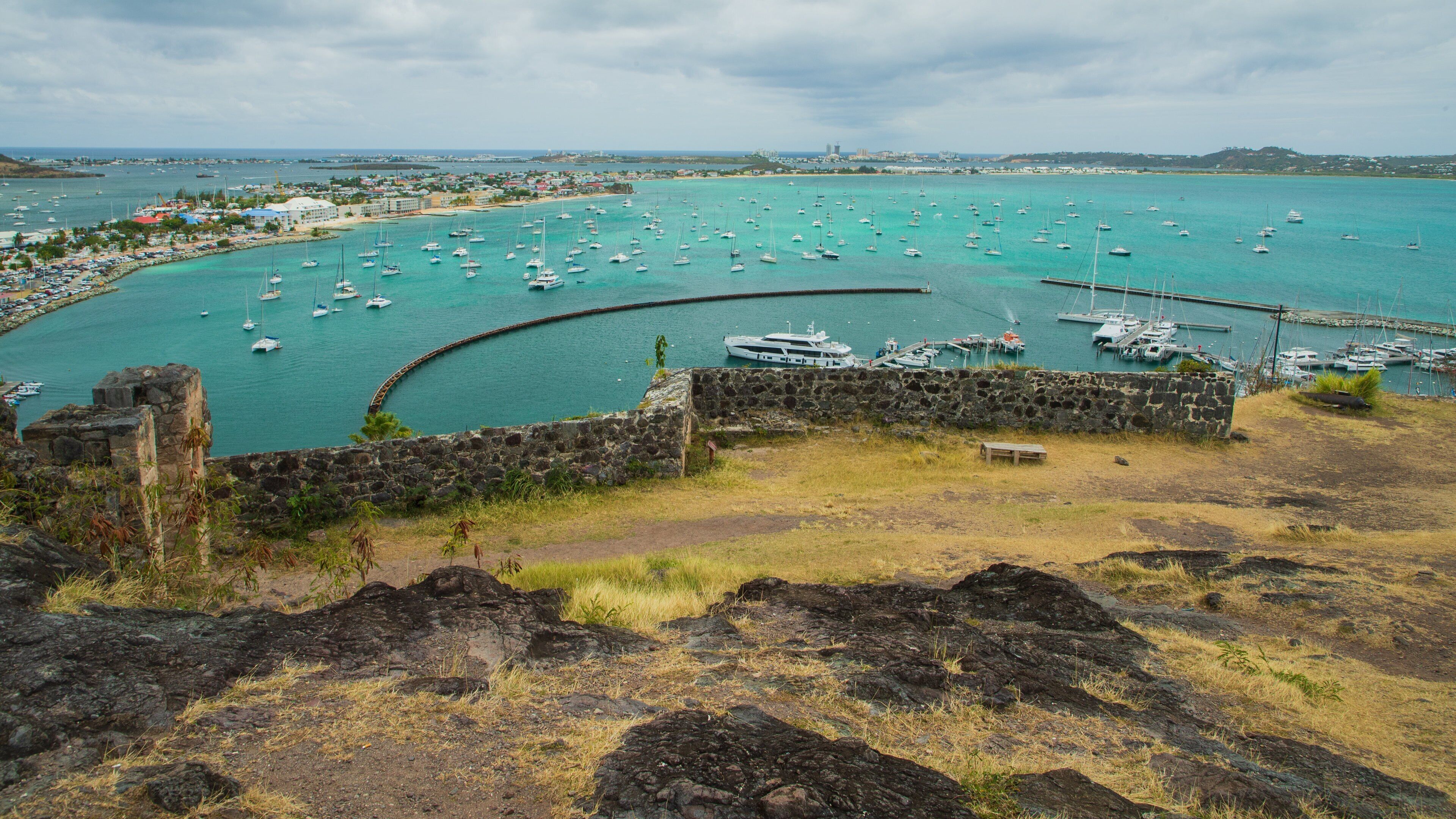Fort St. Louis showing landscape views, a bay or harbor and general coastal views