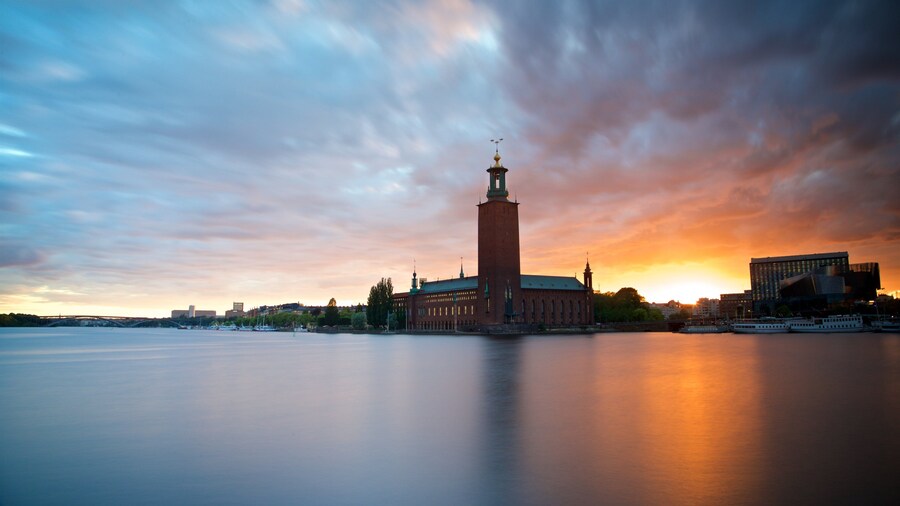 Stockholm City Hall showing a bay or harbor, a sunset and landscape views