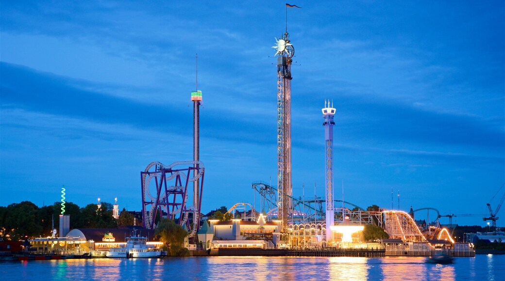 Tivoli Grona Lund showing rides, a bay or harbor and night scenes