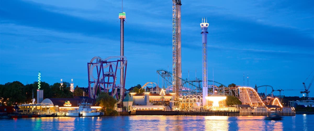 Tivoli Grona Lund showing rides, a bay or harbor and night scenes