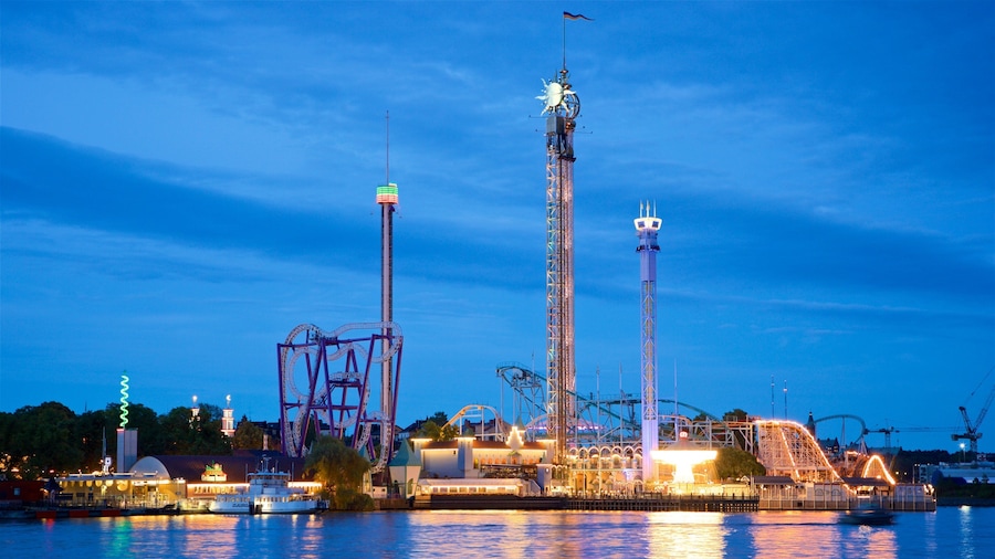 Tivoli Grona Lund showing rides, a bay or harbor and night scenes