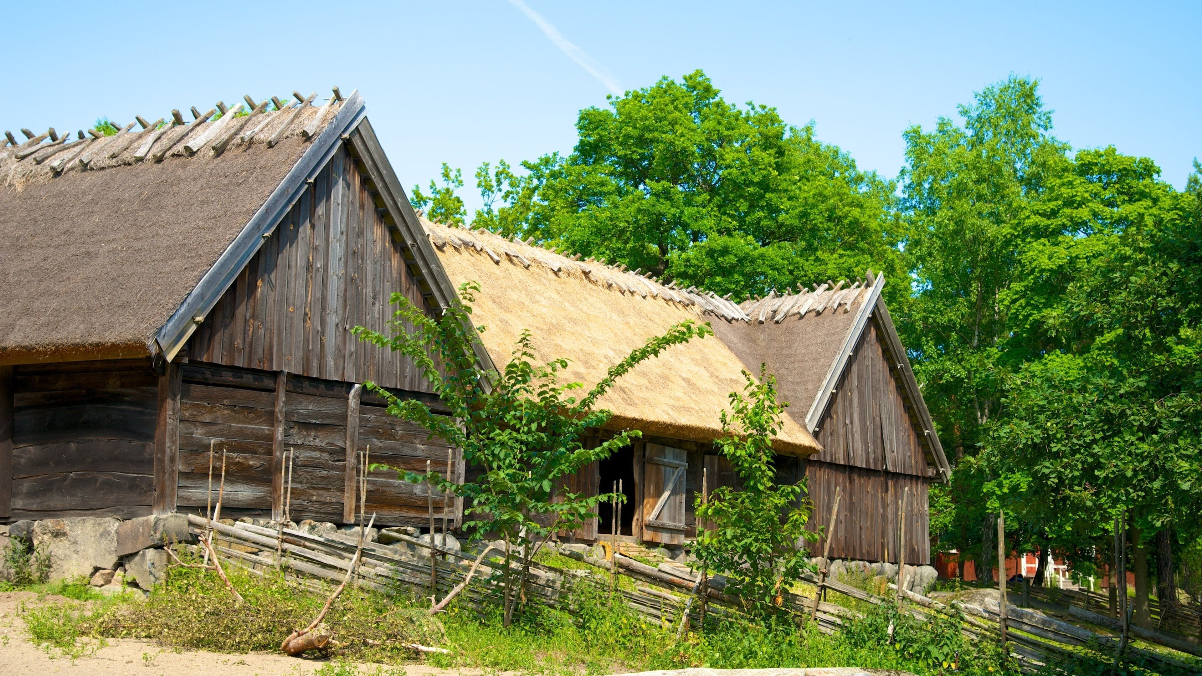 Two wooden buildings with thatched roofs surrounded by greenery.