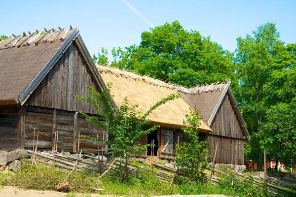 Two wooden buildings with thatched roofs surrounded by greenery.