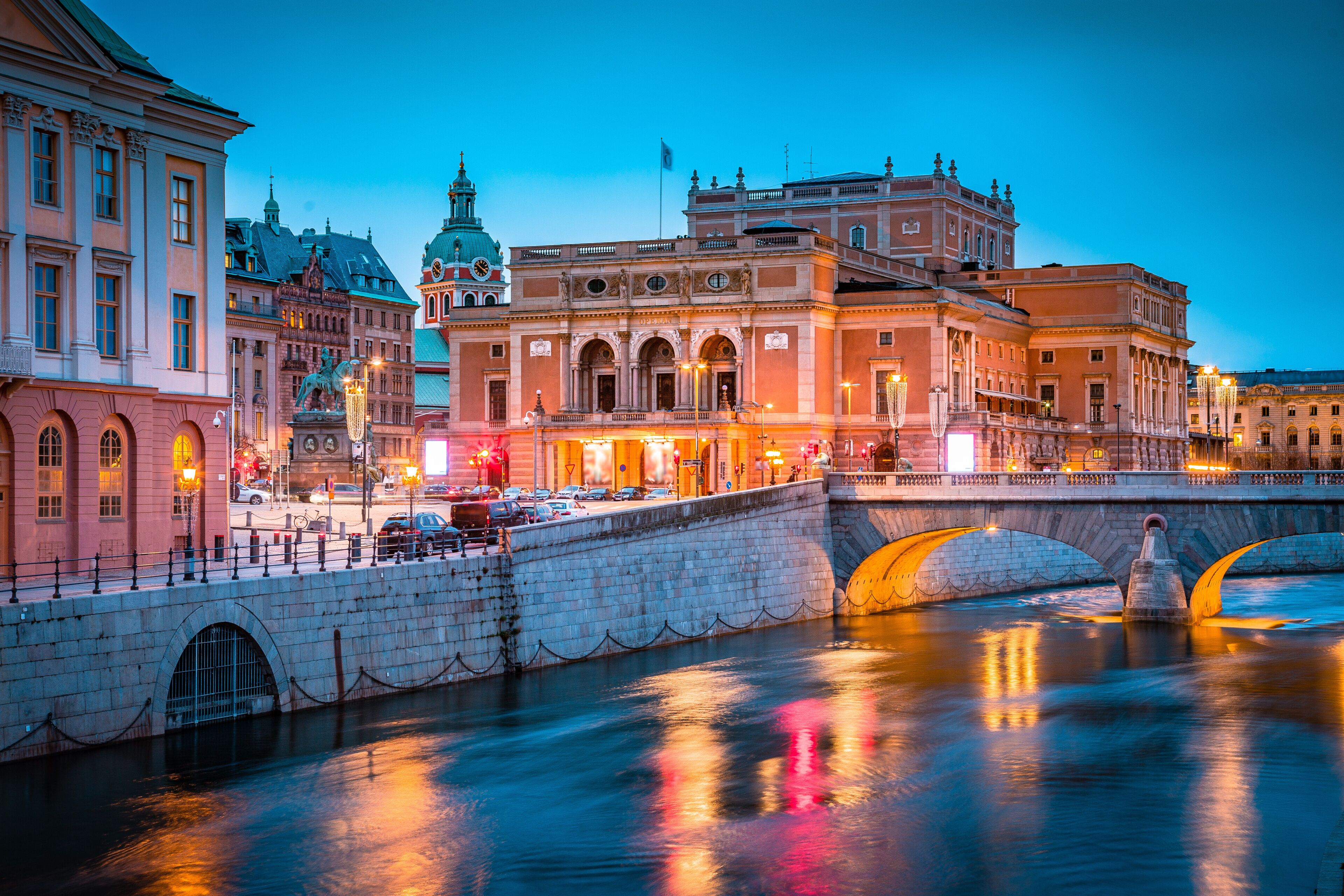 Stockholm city center with Royal Swedish Opera at twilight, Sweden, Scandinavia