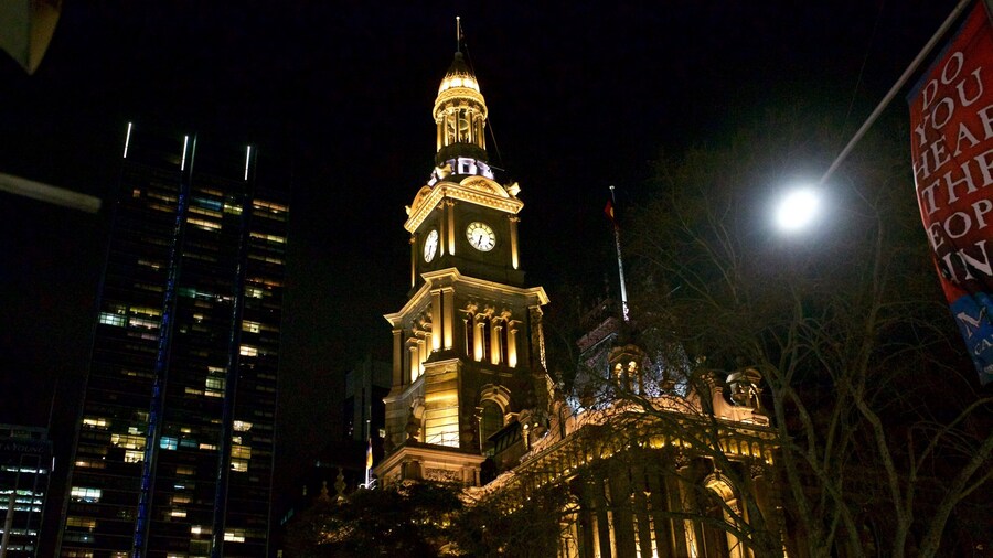 Sydney Town Hall featuring night scenes and a city