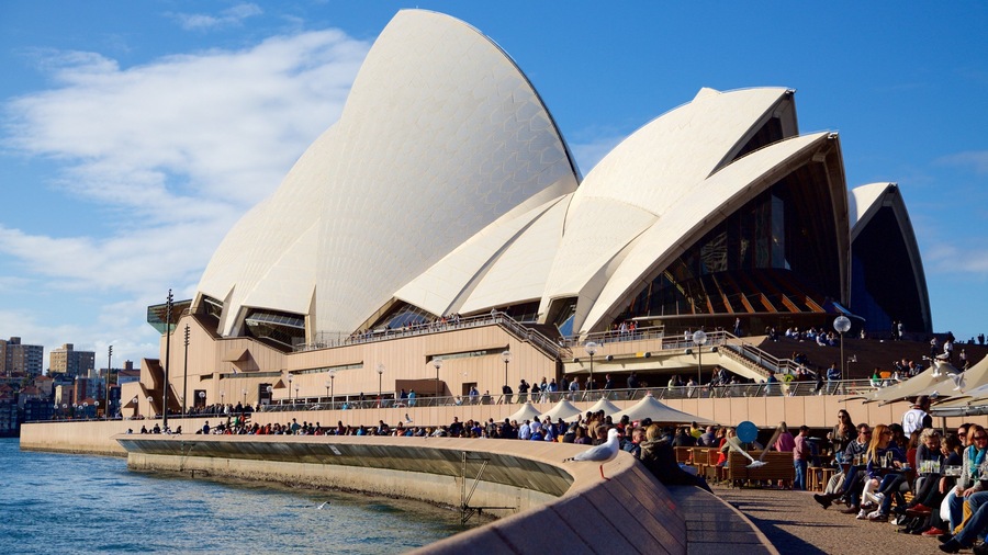 Sydney Opera House which includes modern architecture, general coastal views and a city