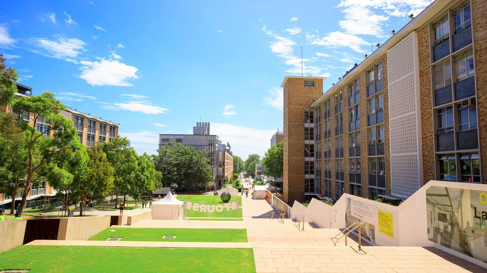 A campus with green lawns, brick buildings, and a clear blue sky.