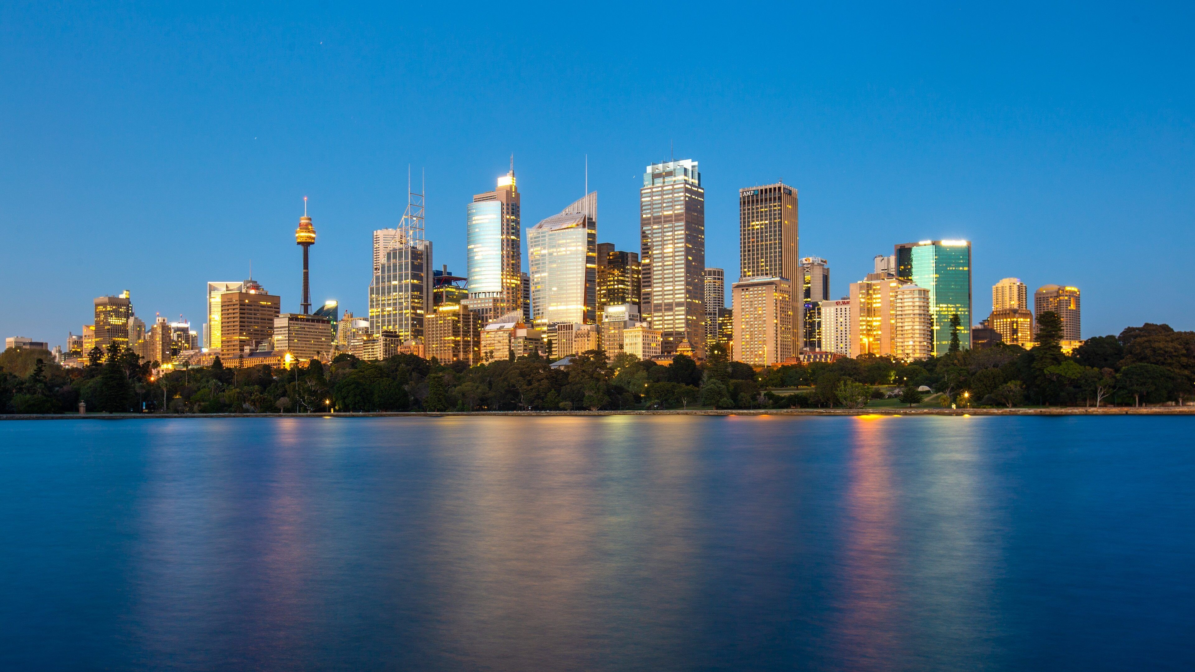 Mrs. Macquarie\'s Chair which includes night scenes, a bay or harbor and a city