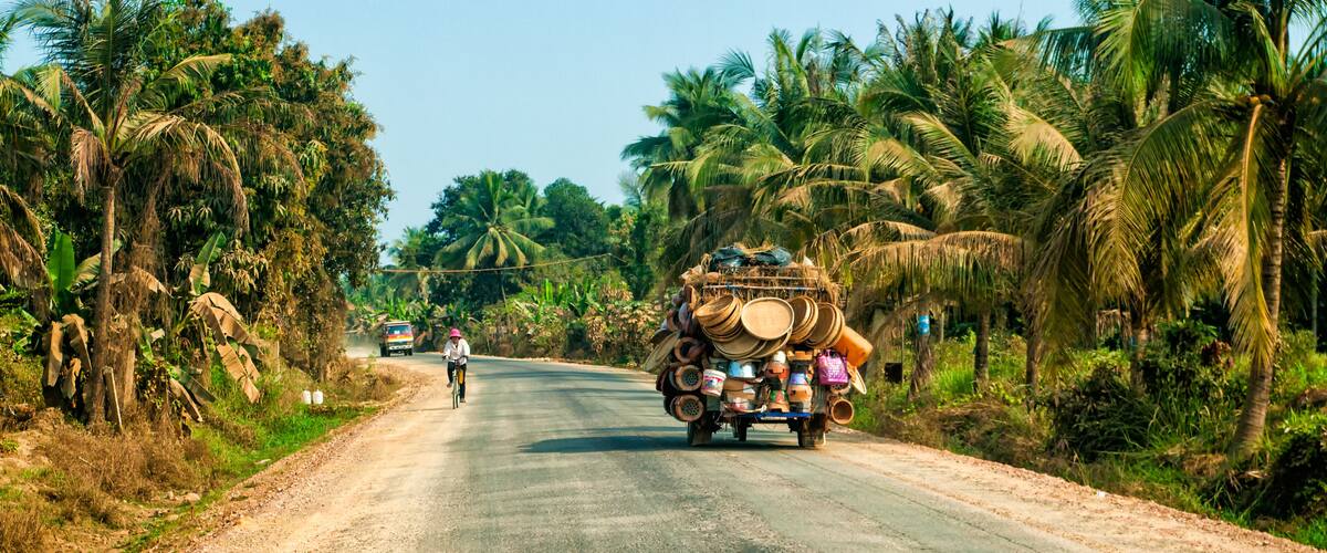 A rural road flanked by palm trees and a truck loaded with various items.