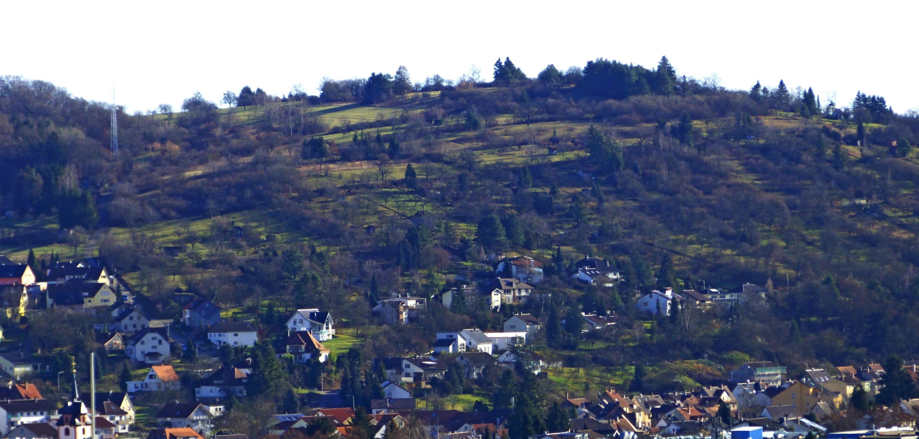 A hillside village with houses and a prominent church.