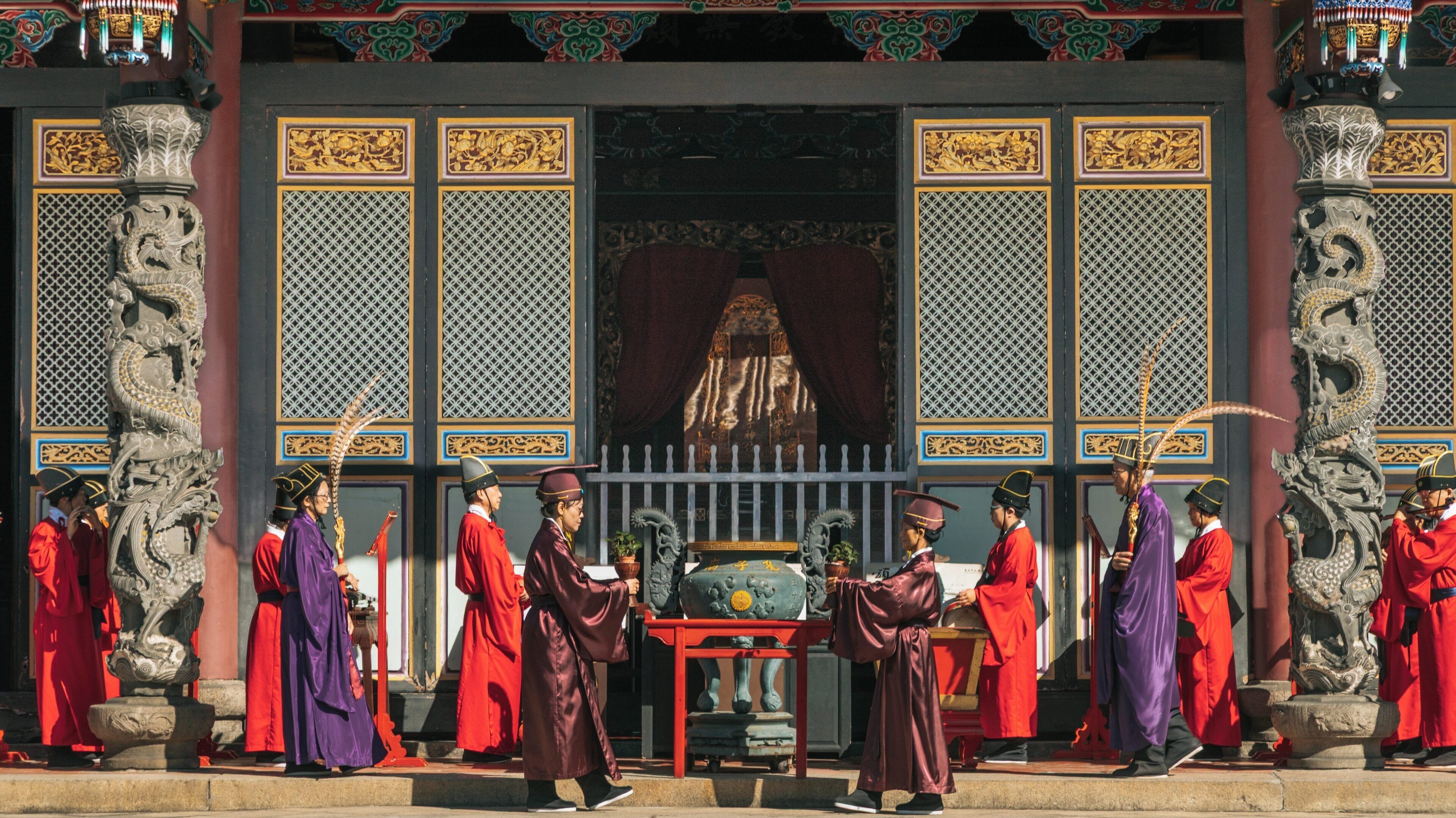 Cultural ceremony at Taipei Confucius Temple showcasing traditional rituals and attire in Datong, Taipei, Taiwan