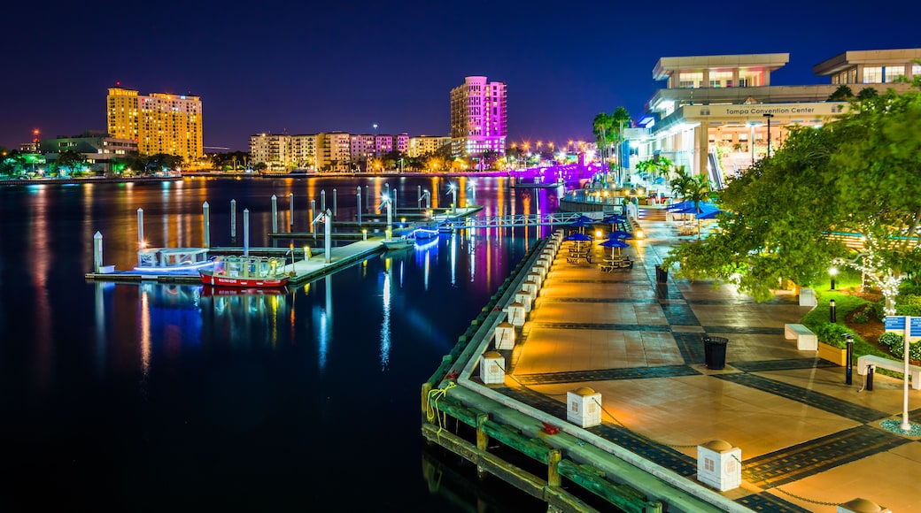 View of the Riverwalk at night in Tampa, Florida.