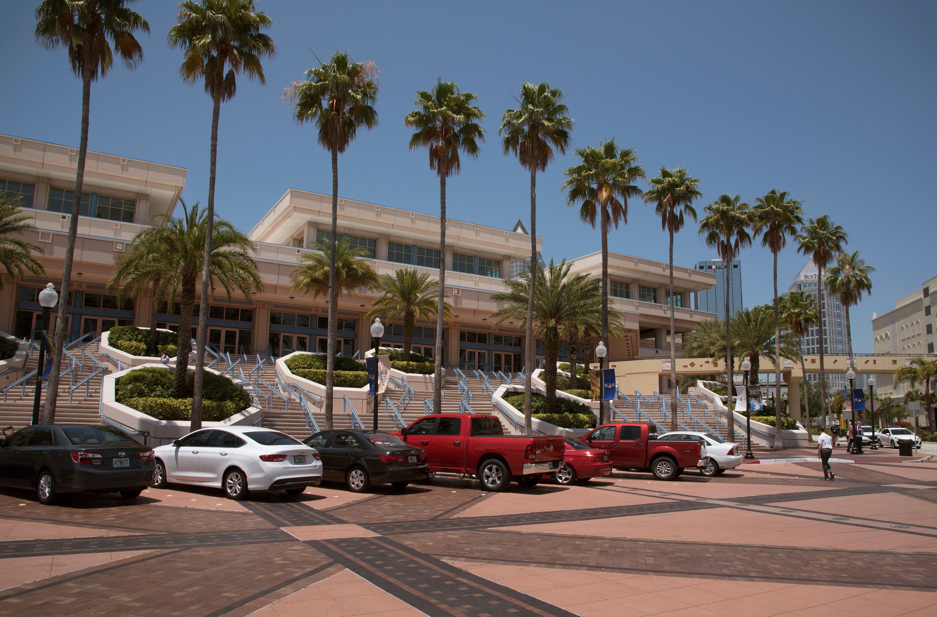 Vehicles parked outside the Tampa Convention Center downtown Tampa Florida USA. April 2017