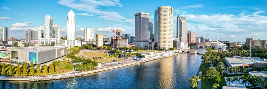 Tampa skyline from above aerial view photography city with skyscrapers panorama and Hillsborough River in downtown Tampa, United States