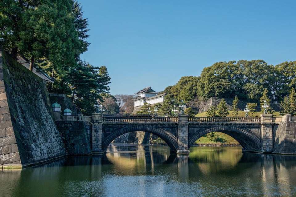 A stone bridge over a calm river, reflecting the surrounding trees and a traditional building in the background.