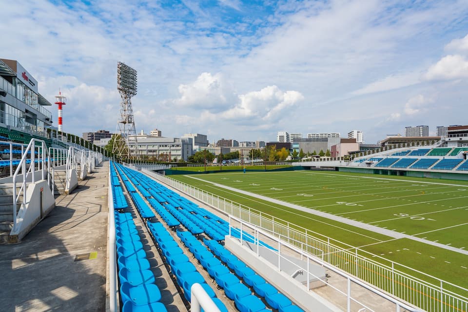 A football stadium with blue seats, a green field, and a cityscape in the background.