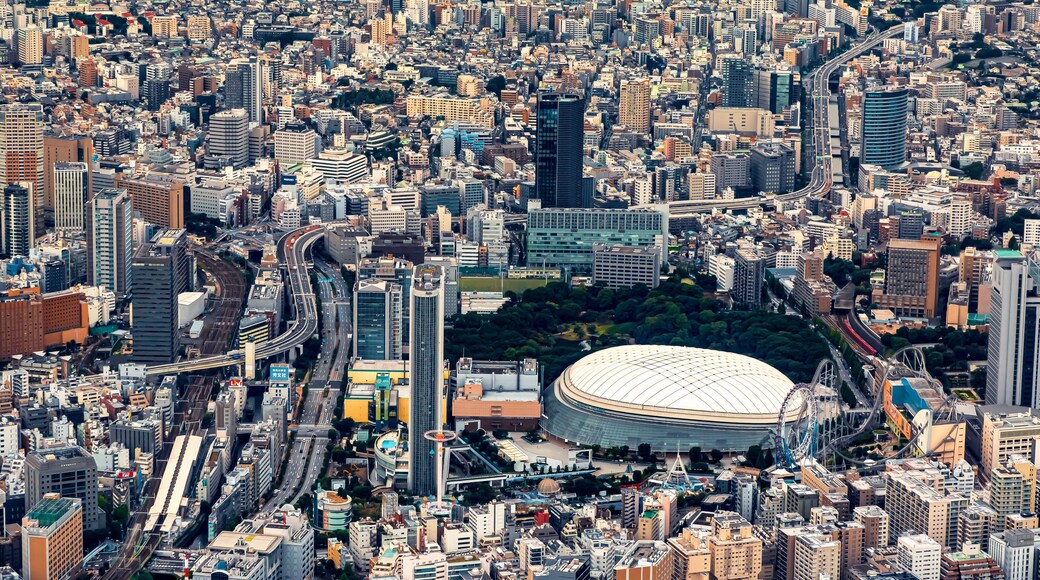 Aerial view of Tokyo Dome sports complex, in Bunkyo City, Tokyo, Japan