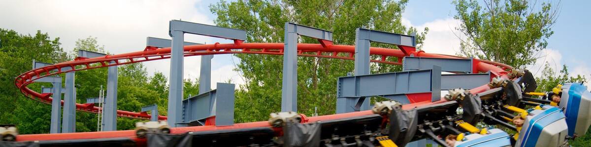 Canada\'s Wonderland showing a pond and rides