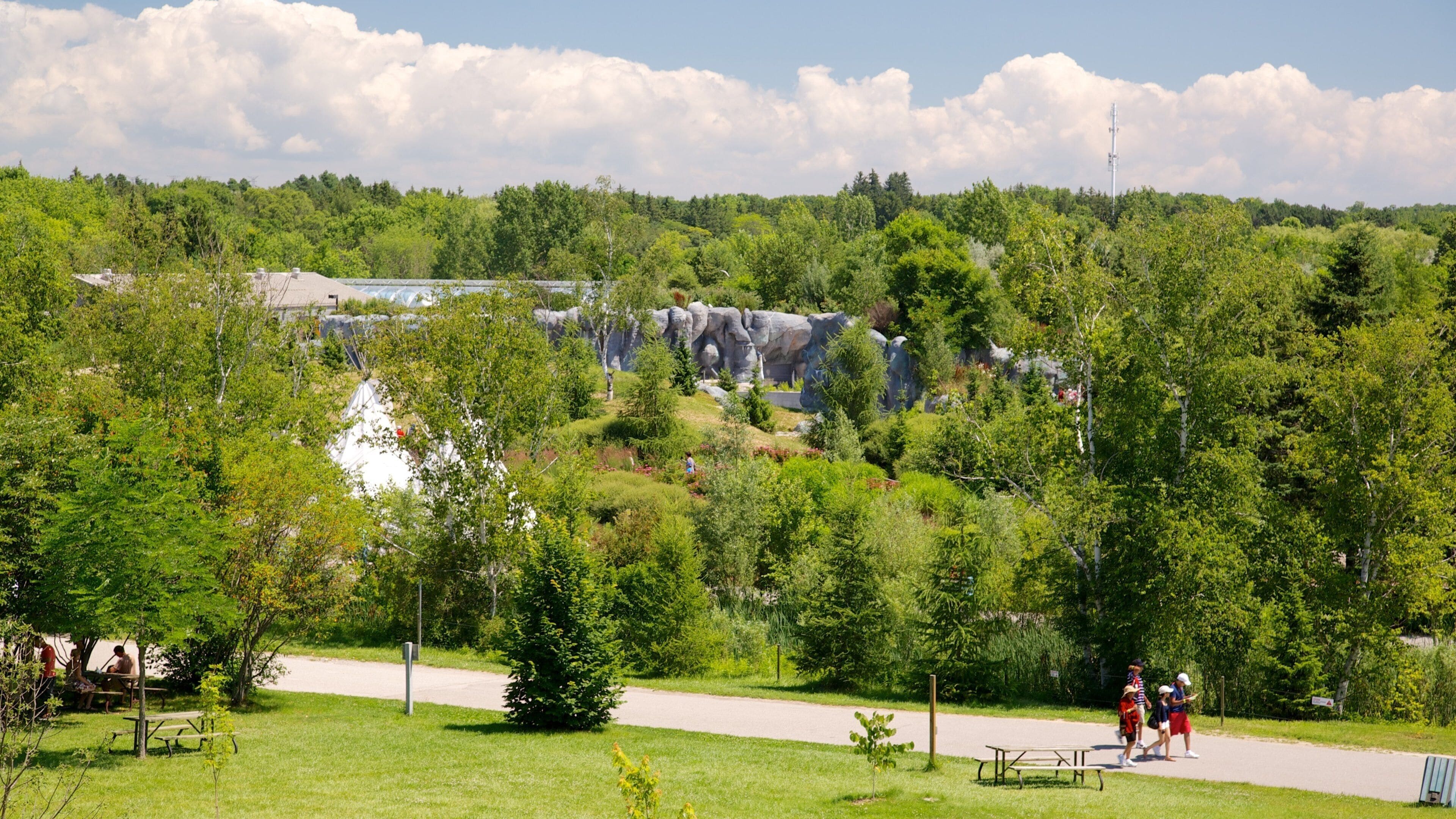 Ein Park mit einer großen Felsformation, Picknicktischen und einem Fußweg.