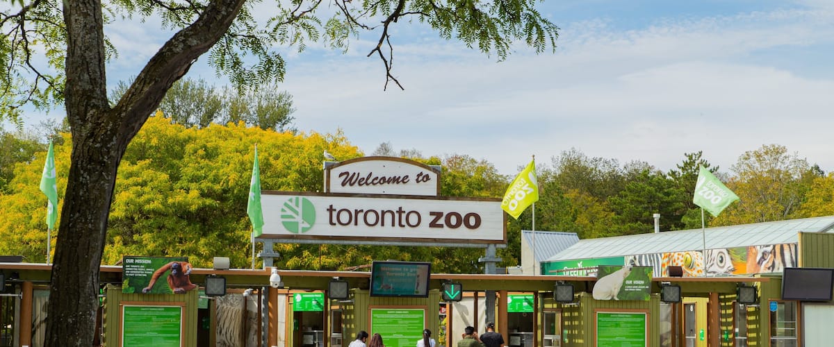 Toronto Zoo featuring zoo animals and signage as well as a small group of people