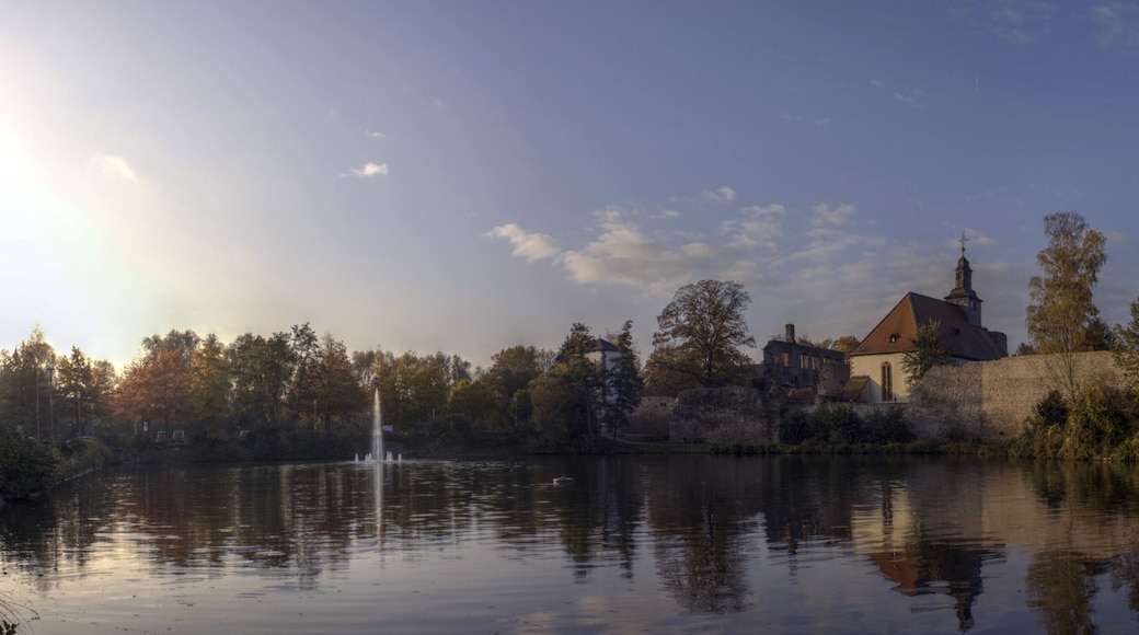 Burg Hayn in Dreieich von der nord-östlichen Ecke des Weihers.