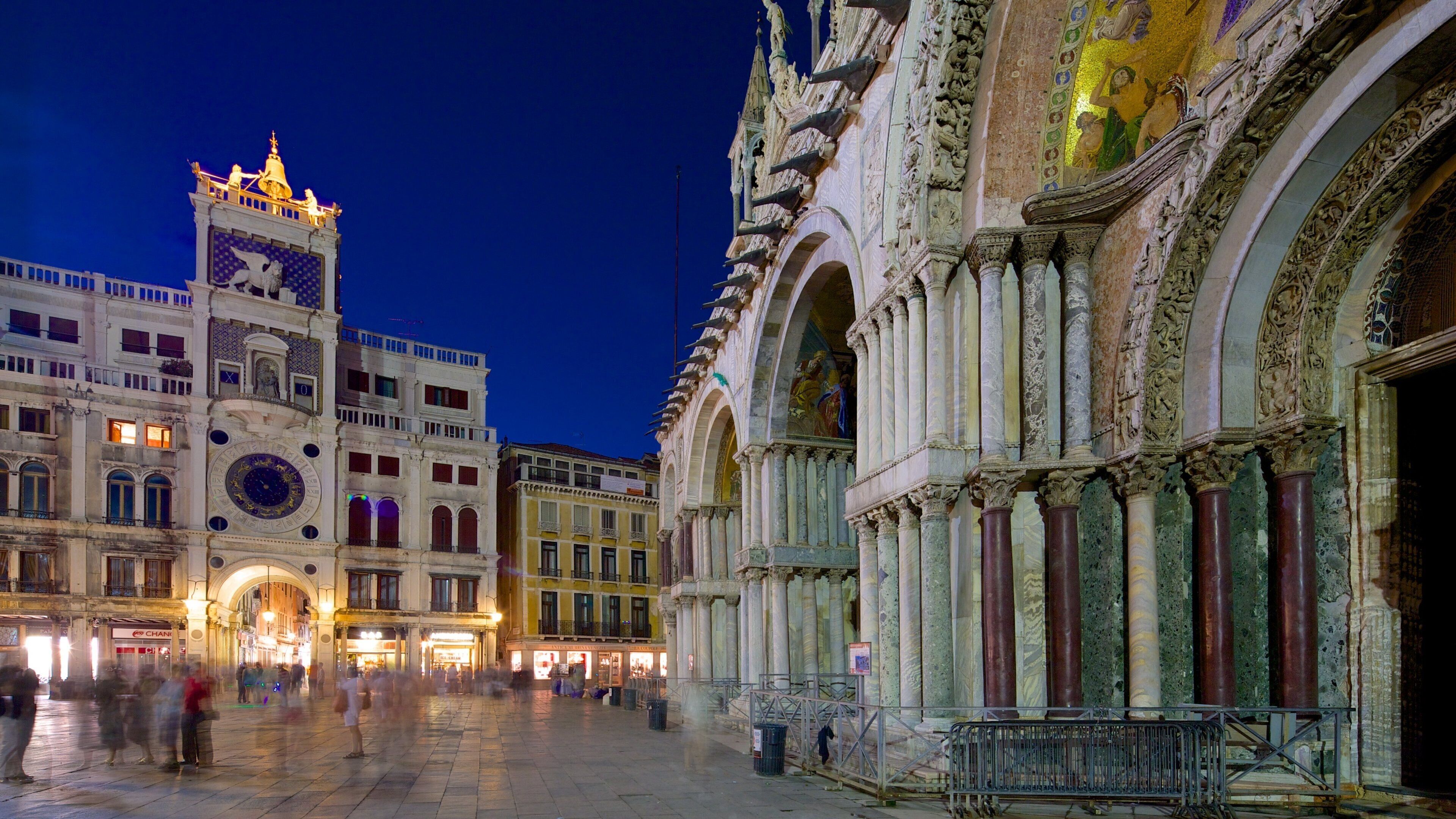 St. Mark\'s Basilica showing a square or plaza, night scenes and heritage architecture