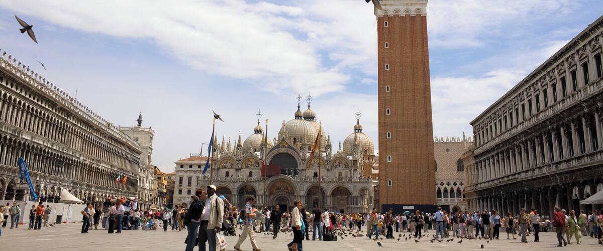 Low angle view of a bell tower, St. Mark's Cathedral, St. Mark's Square, Venice, Italy