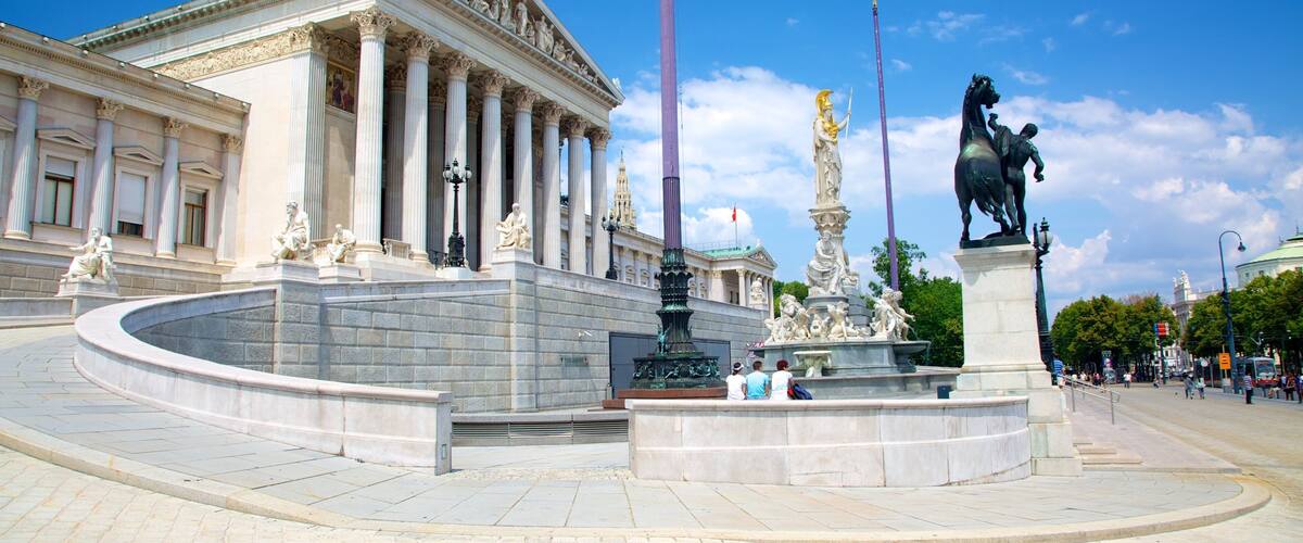 Oostenrijks parlementsgebouw bevat een overheidsgebouw, straten en historische architectuur