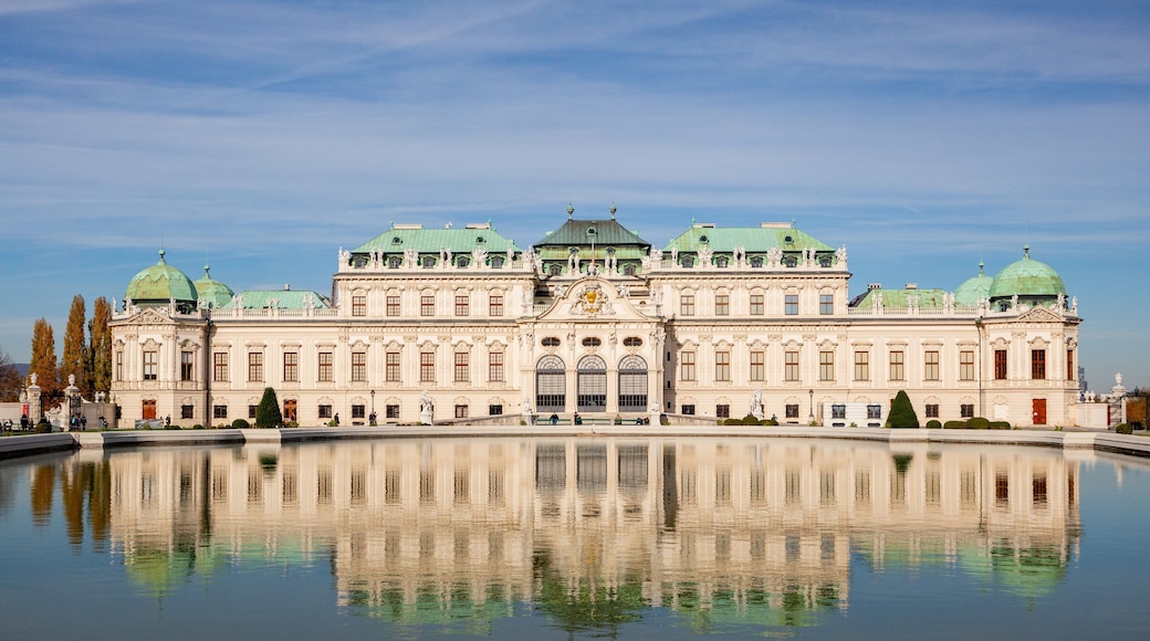 Belvedere which includes a pond and heritage architecture