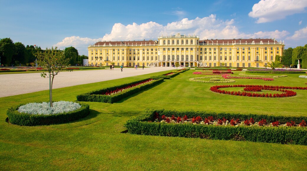 Schloss Schönbrunn som visar historisk arkitektur, en stad och en trädgård