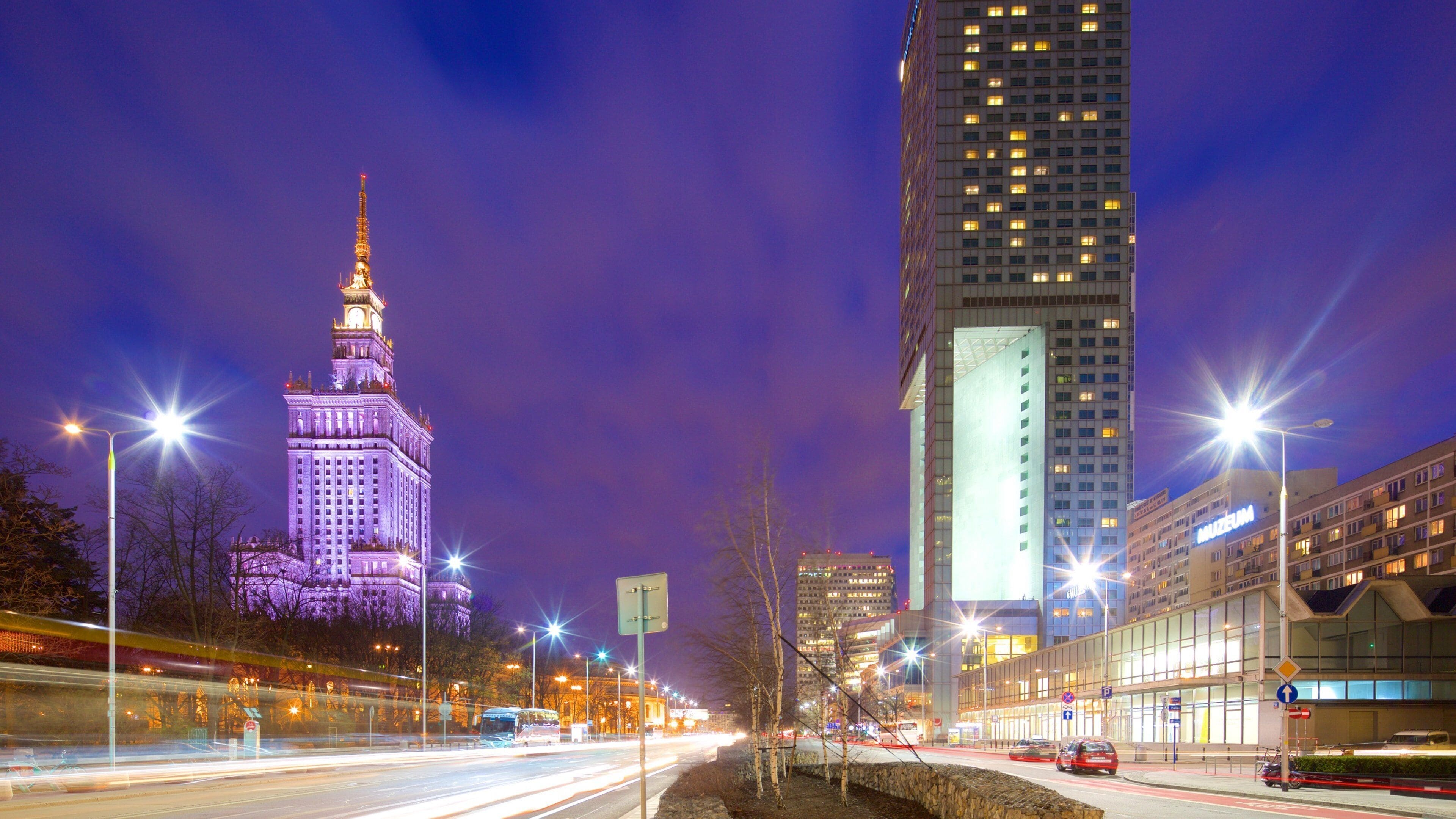 Palace of Culture and Science featuring night scenes and a city