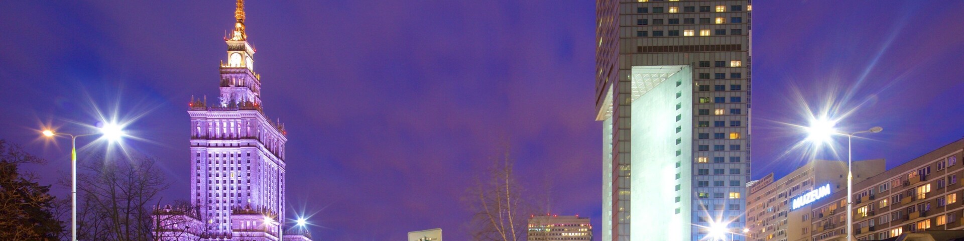 Palace of Culture and Science featuring night scenes and a city