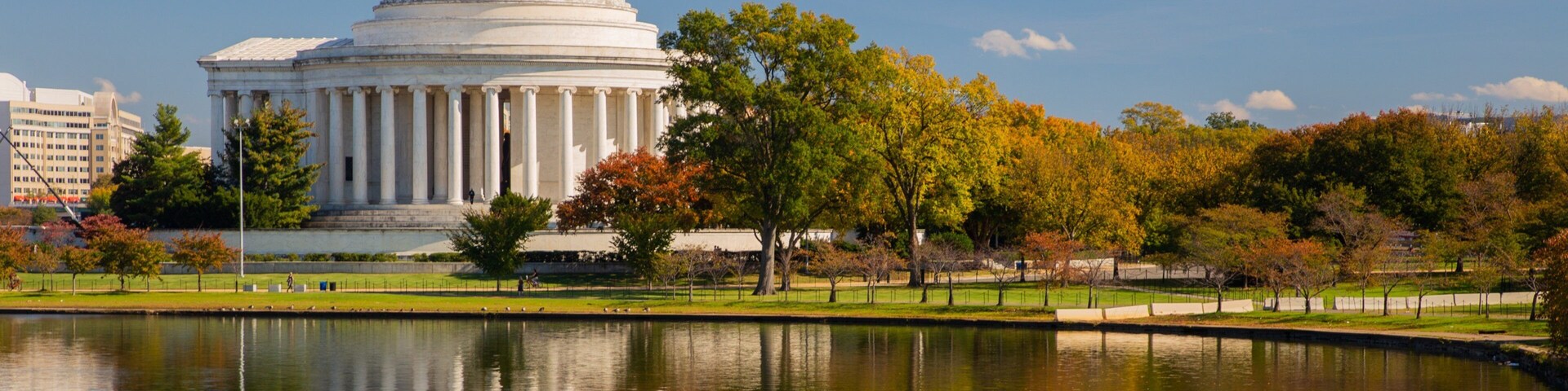 Jefferson Memorial featuring a lake or waterhole and heritage architecture
