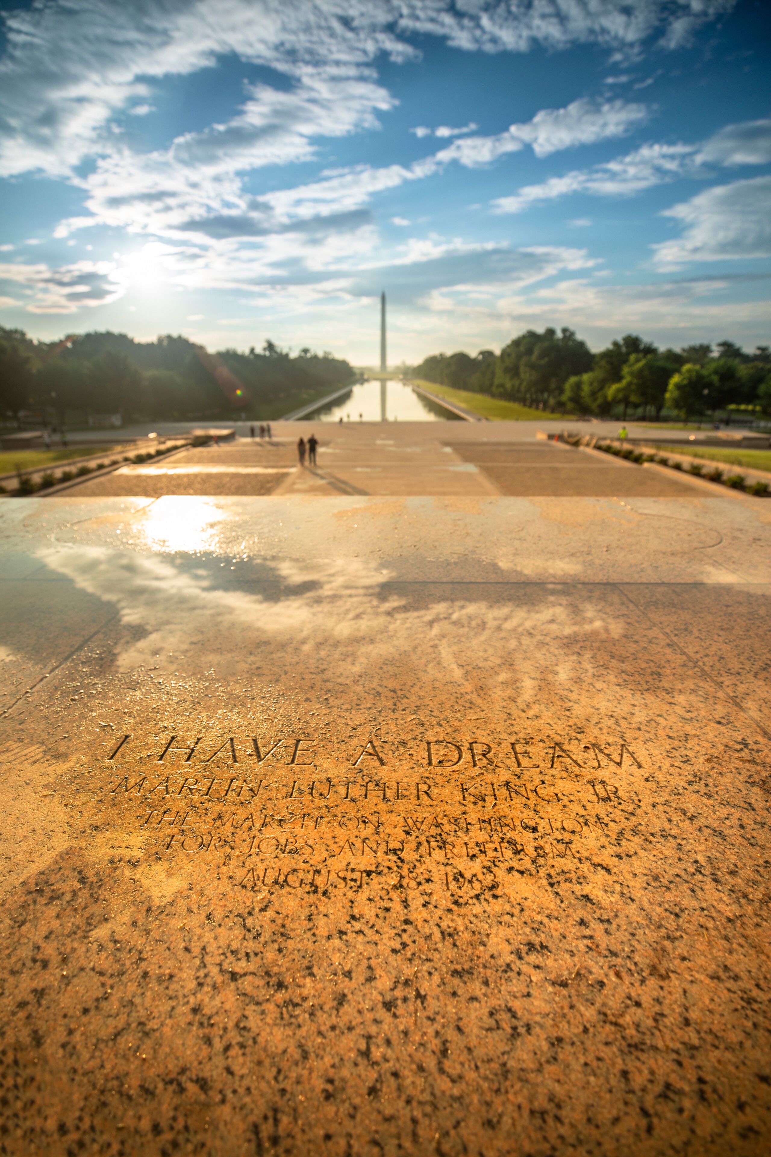 Etched into the stone on the steps of the Lincoln Memorial, a marker of the exact spot Dr. Martin Luther King, Jr. stood to deliver the 'I Have a Dream' speech in 1963 in Washington DC