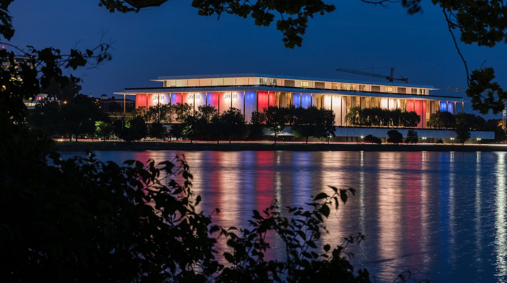 Kennedy Center showing a river or creek, modern architecture and night scenes