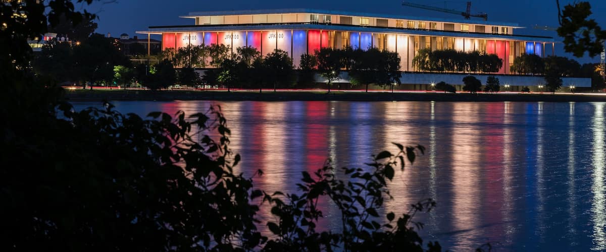 Kennedy Center showing a river or creek, modern architecture and night scenes