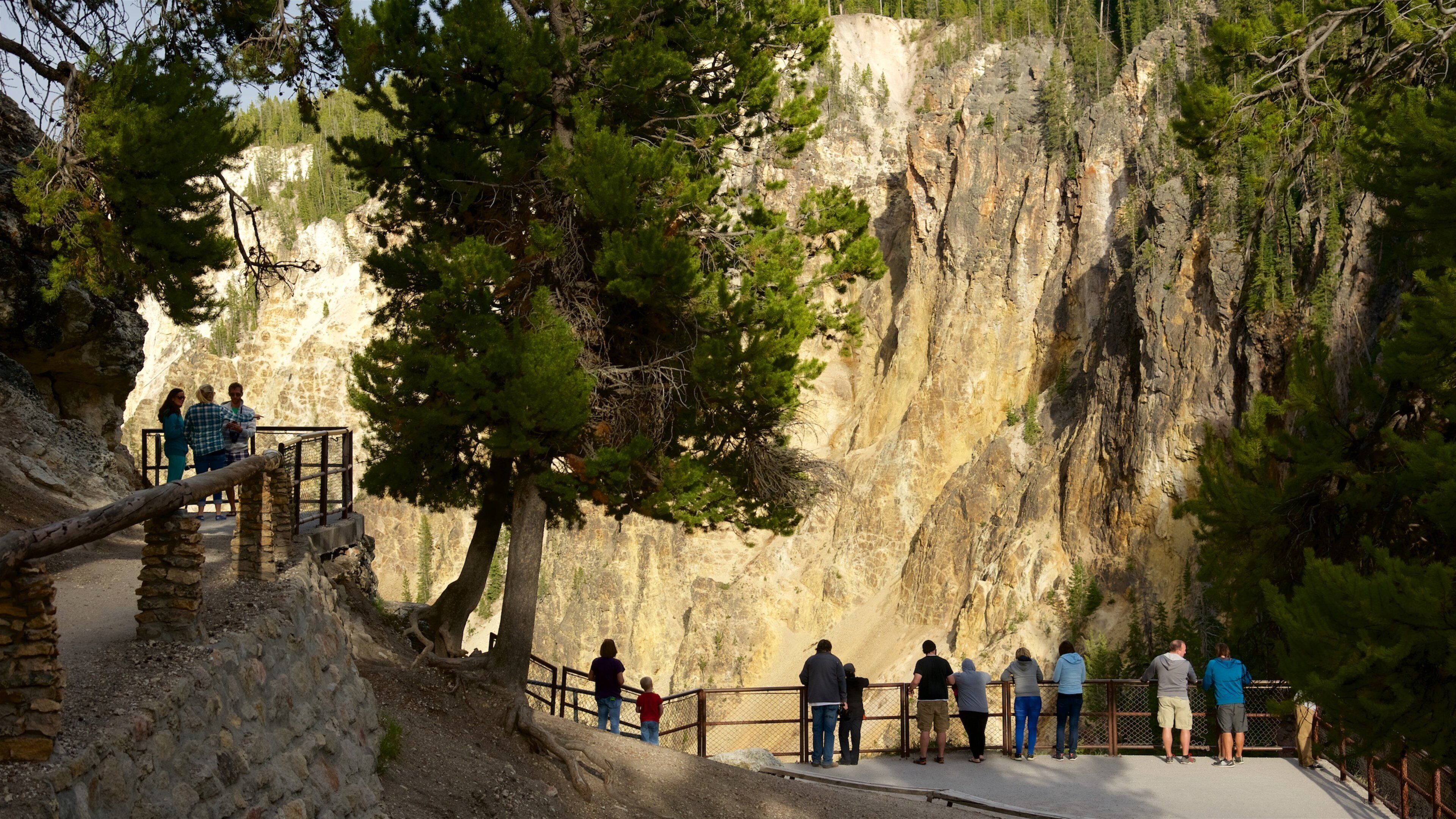 Grand Canyon of Yellowstone mit einem Schlucht oder Canyon und Ansichten sowie kleine Menschengruppe