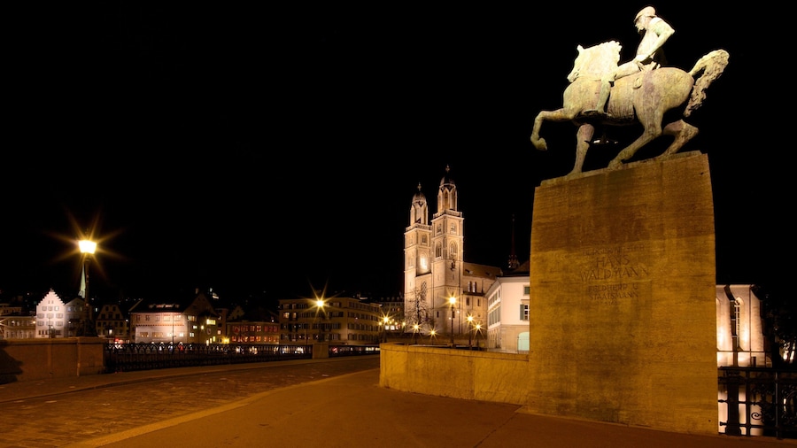 Grossmuenster showing heritage architecture, night scenes and a monument