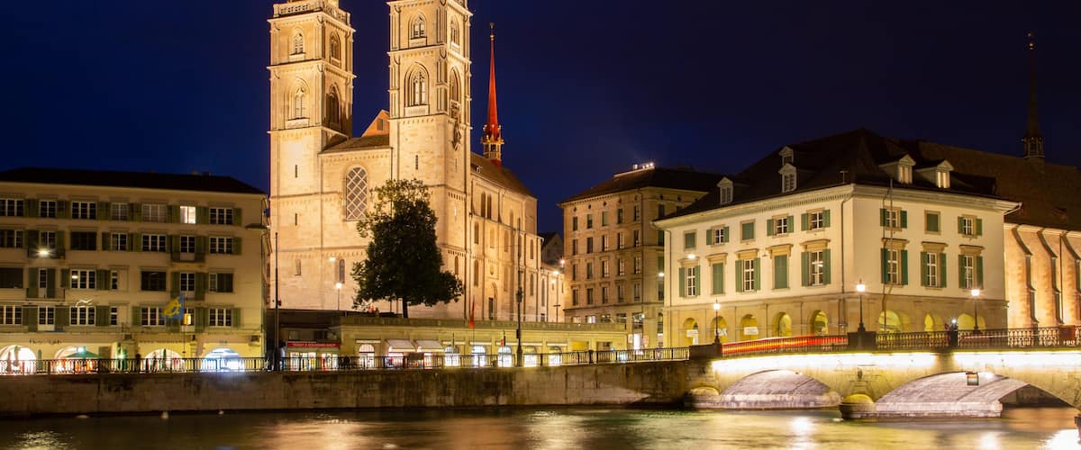 Grossmuenster featuring night scenes, heritage architecture and a church or cathedral