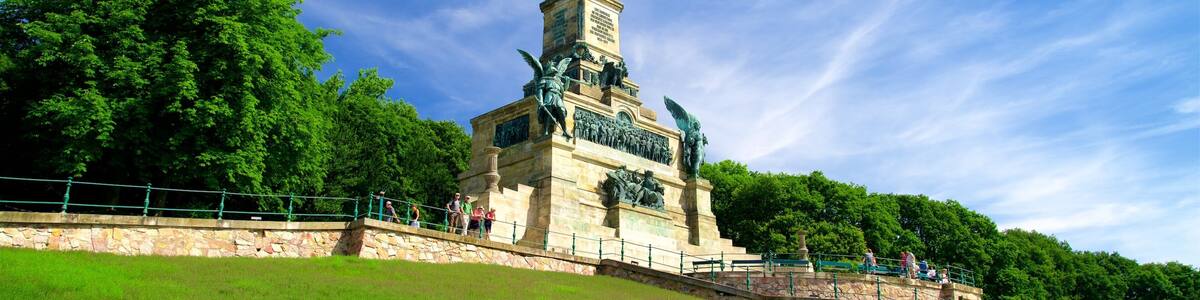 A monument with a statue on top, surrounded by a grassy area with purple flowers.