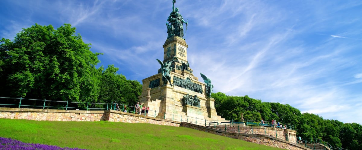A monument with a statue on top, surrounded by a grassy area with purple flowers.