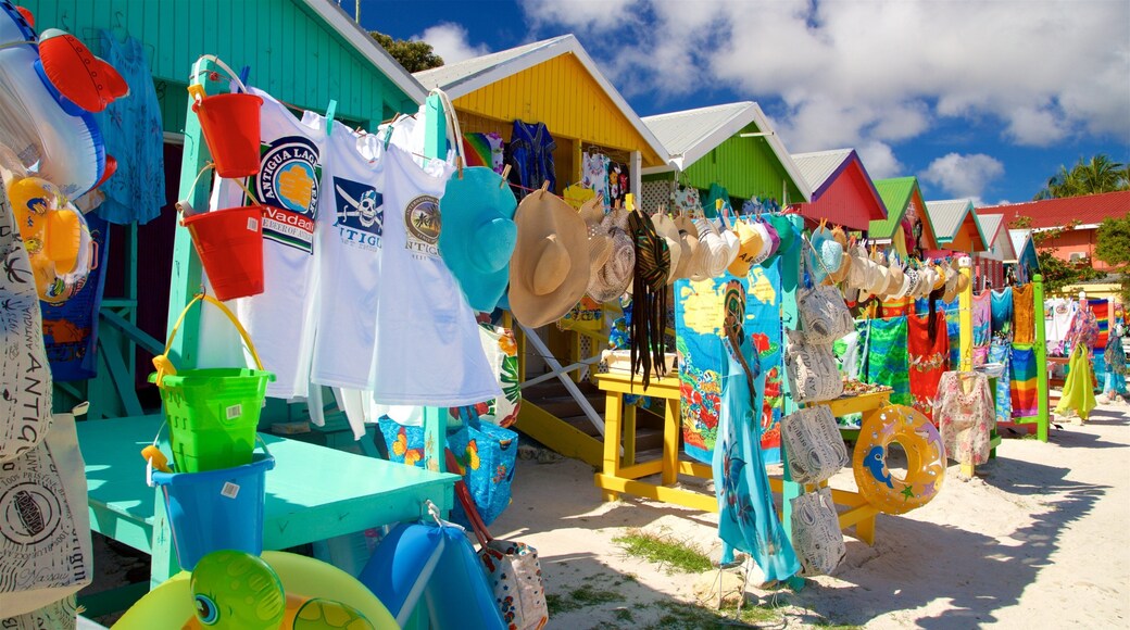 Long Bay showing a sandy beach and markets