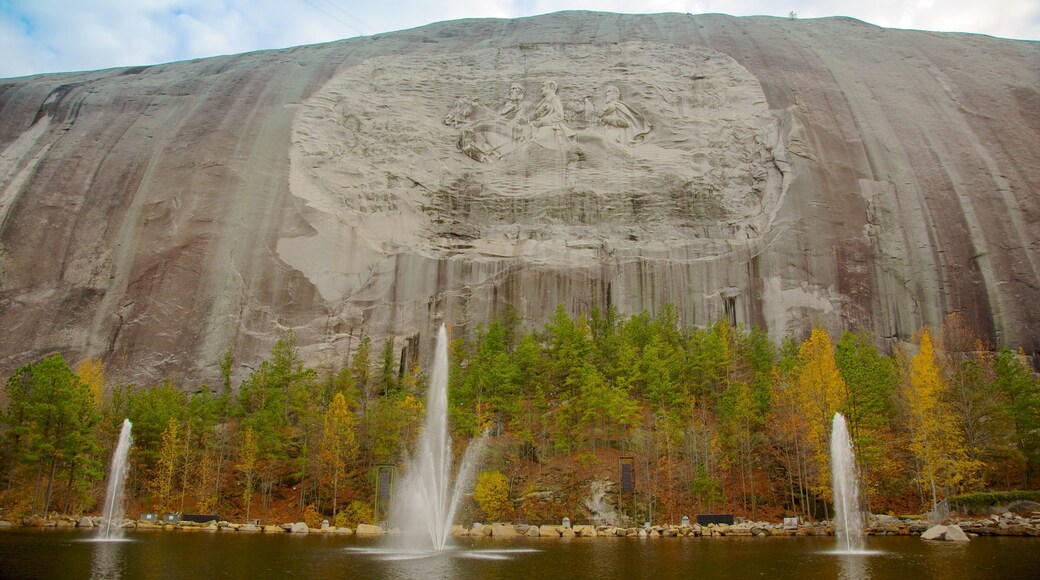 Scenic view of Stone Mountain Park featuring granite face and serene fountains in Stone Mountain, Georgia