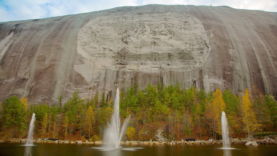 View of Stone Mountain with fountains and autumn foliage in Atlanta, Georgia.
